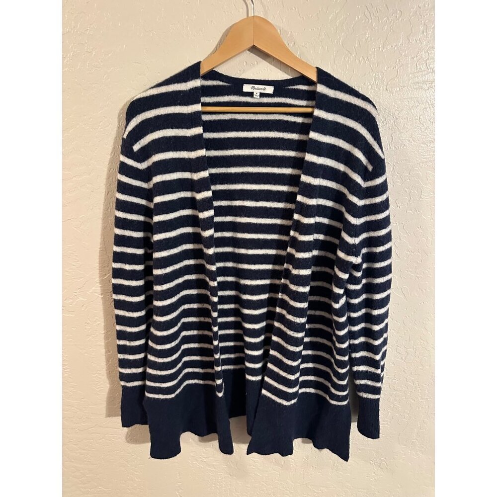Madewell Y Cozy Blue & White "Walker" Striped Long Sleeved Alpaca Wool Cardigan - Picture 2 of 11